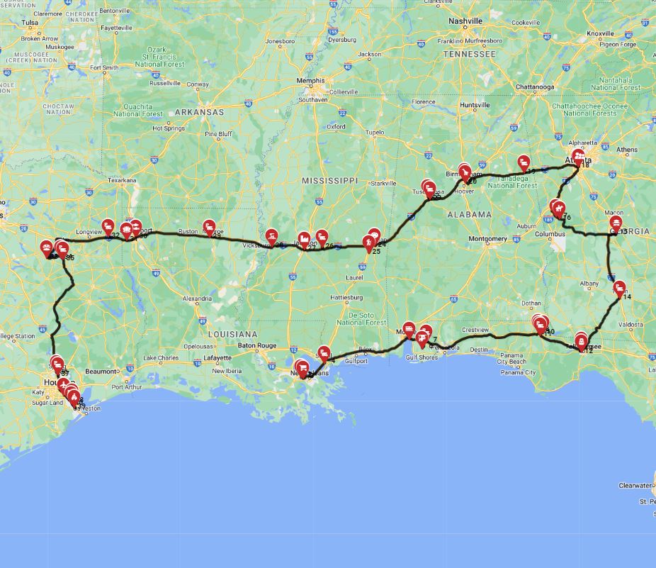 USA RV trip planner New Orleans to Houston motorhome route plan